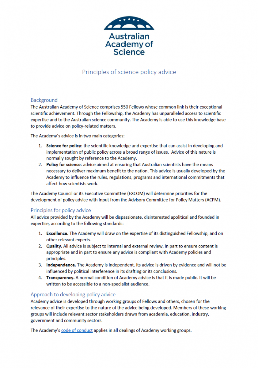 Position statement—Principles of science policy advice